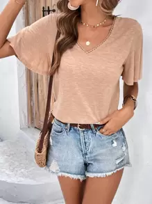 SHEIN Frenchy 素色蝴蝶袖T恤 - 卡其色 - 查看 1