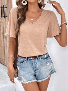 SHEIN Frenchy 素色蝴蝶袖T恤 - 卡其色 - 查看 3