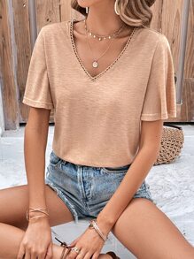 SHEIN Frenchy 素色蝴蝶袖T恤 - 卡其色 - 查看 5