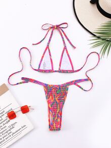 Allover Print Halter Triangle Bikini Set - Multicolor - View 4