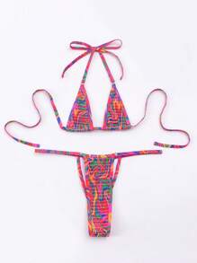 Allover Print Halter Triangle Bikini Set - Multicolor - View 1