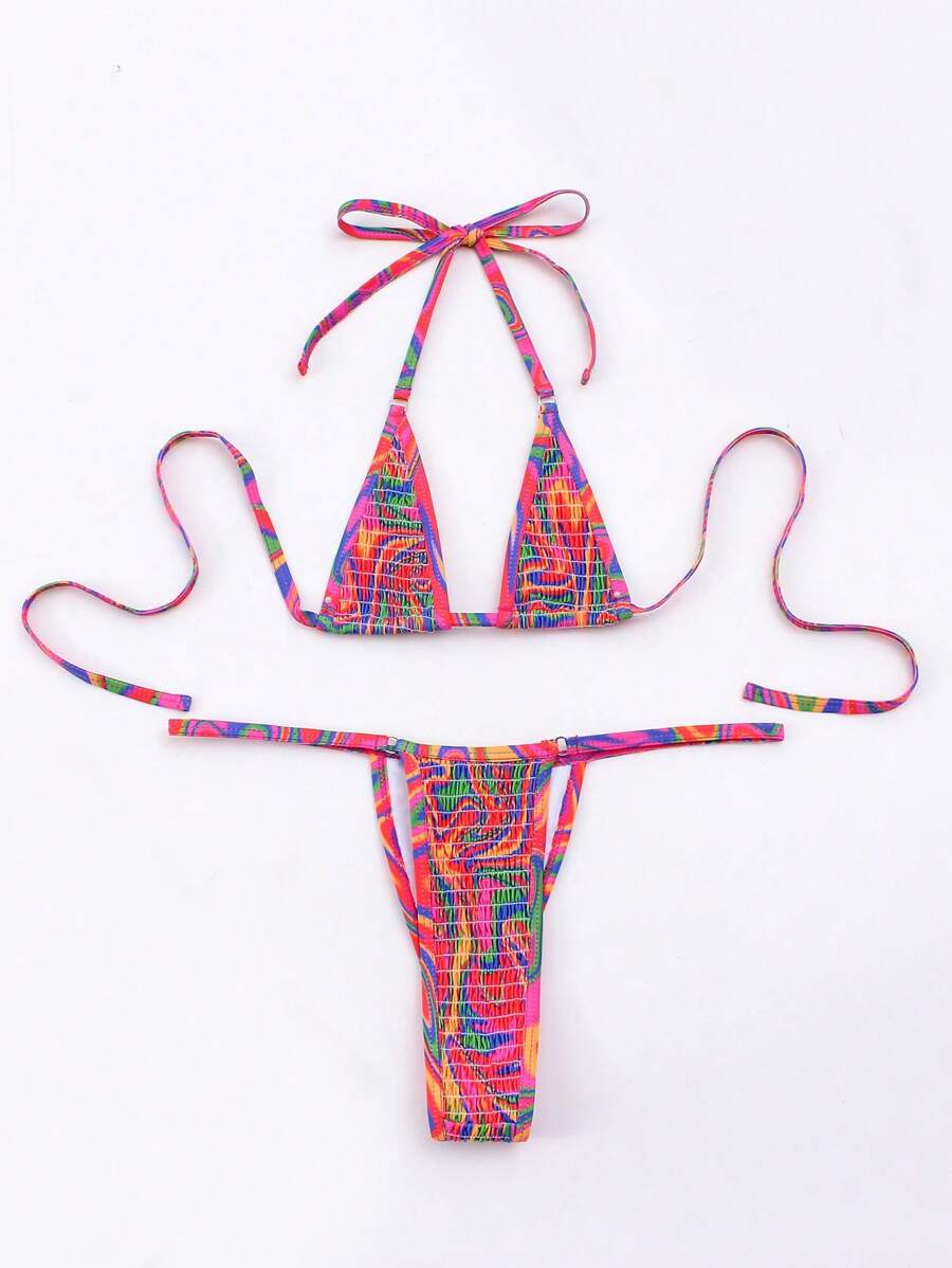 Allover Print Halter Triangle Bikini Set - Multicolor - View 1