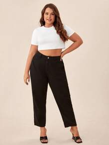 SHEIN BASICS Plus Size Solid Round Neck Short Sleeves Crop Tee For Summer - White - View 4