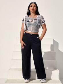 SHEIN Coolane 大碼報紙印花網紗上衣不附胸罩 - 黑與白 - 查看 3