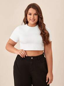 SHEIN BASICS Plus Size Solid Round Neck Short Sleeves Crop Tee For Summer - White - View 5