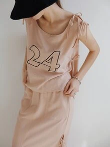 SHEIN Bộ đồ hai mảnh nữ Dây kéo Thắt nút Lá thư Giải trí - Màu Hồng baby - Xem 3