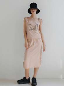 SHEIN Bộ đồ hai mảnh nữ Dây kéo Thắt nút Lá thư Giải trí - Màu Hồng baby - Xem 6