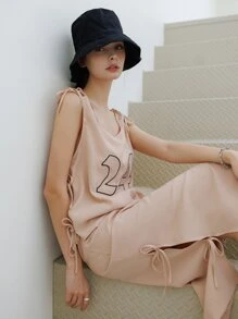 SHEIN Bộ đồ hai mảnh nữ Dây kéo Thắt nút Lá thư Giải trí - Màu Hồng baby - Xem 9