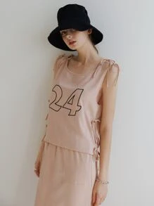 SHEIN Bộ đồ hai mảnh nữ Dây kéo Thắt nút Lá thư Giải trí - Màu Hồng baby - Xem 13