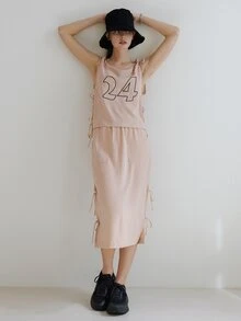 SHEIN Bộ đồ hai mảnh nữ Dây kéo Thắt nút Lá thư Giải trí - Màu Hồng baby - Xem 15