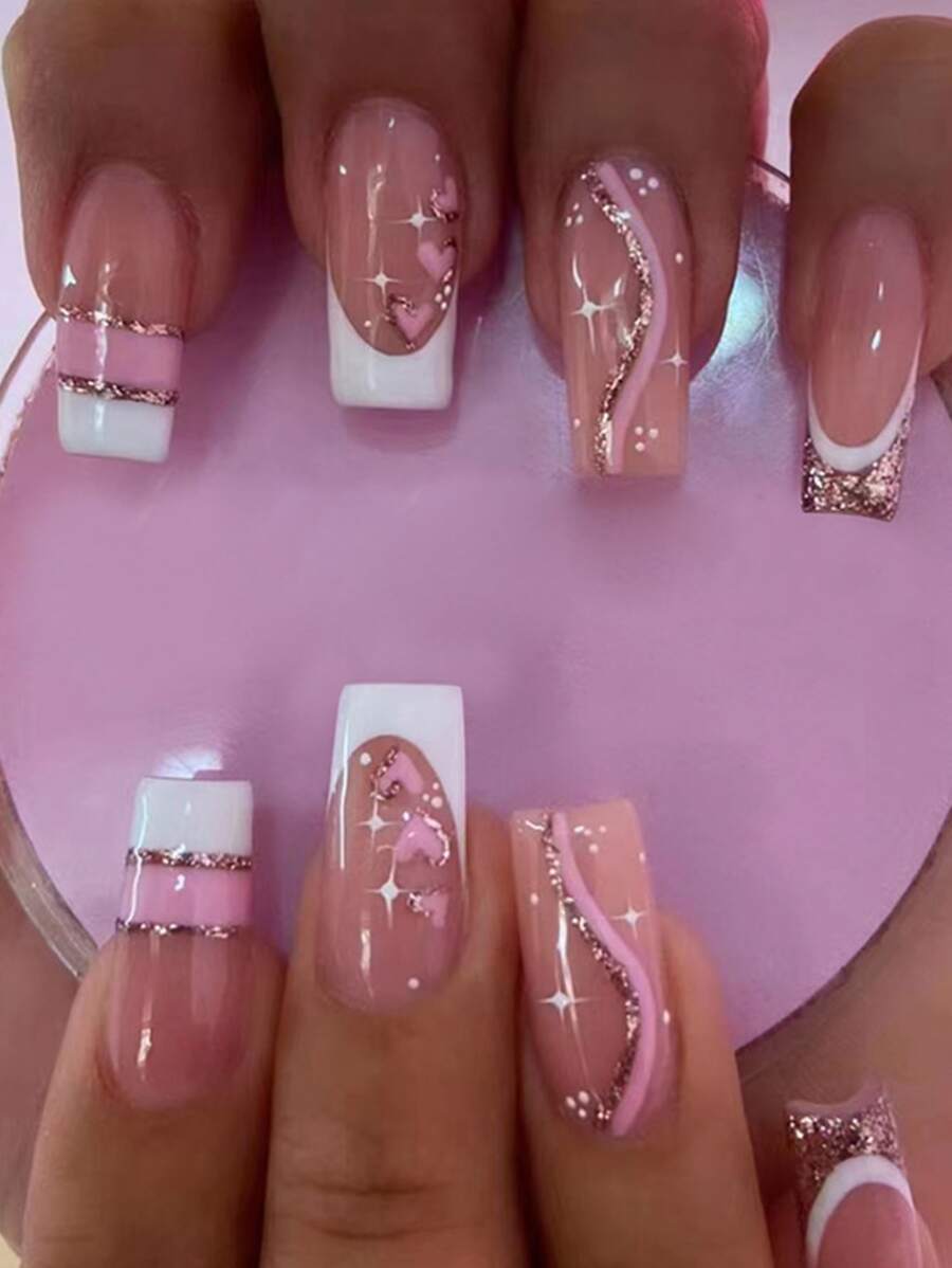 轉換你指甲片帶24入組長款棺材白色法語線Love金屬亮絲愛心圖案假指甲和1入組指甲銼和1張膠帶 - 彩色 - 查看 1