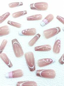 轉換你指甲片帶24入組長款棺材白色法語線Love金屬亮絲愛心圖案假指甲和1入組指甲銼和1張膠帶 - 彩色 - 查看 3