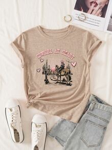 SHEIN Essnce Áo thun nữ Tim Slogan Giải trí - Màu be - Xem 1