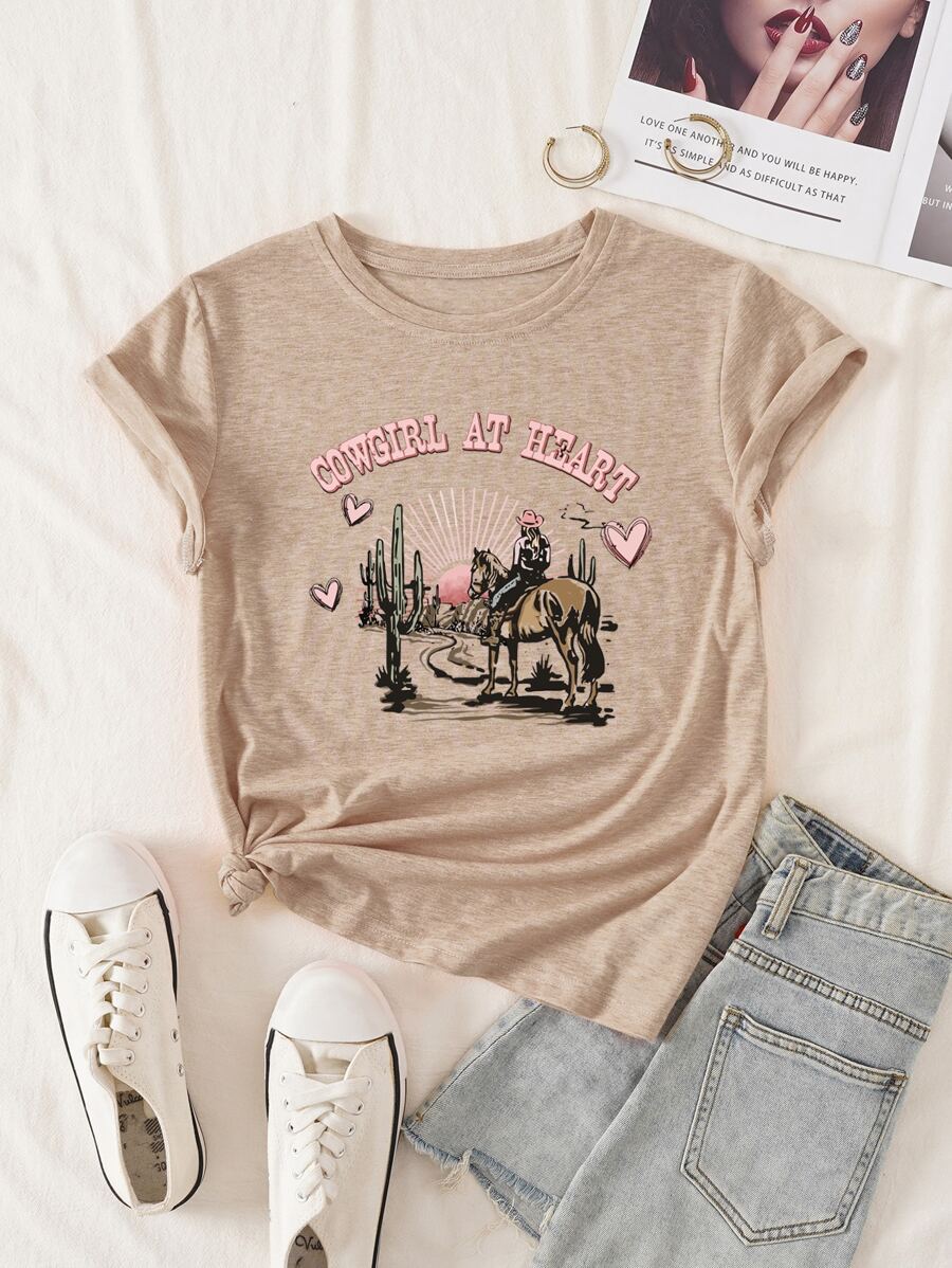 SHEIN Essnce Áo thun nữ Tim Slogan Giải trí - Màu be - Xem 1