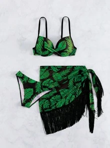 SHEIN Swim Summer Beach Tropical Print Push Up Bikini Set With Beach Skirt, Halloween - Multicolor - View 5