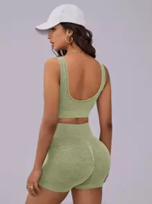 Easithlete 纯色罗纹针织运动套装 女士健身套装 - 綠色 - 查看 2