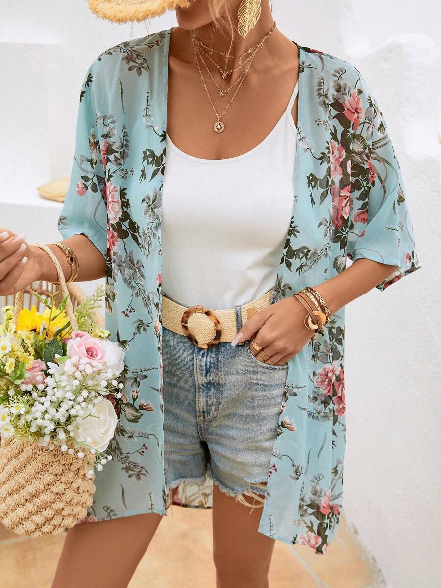 SHEIN VCAY Floral Print Batwing Sleeve Open Front Kimono - Multicolor - View 1