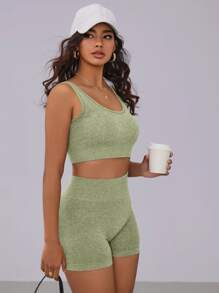 Easithlete 纯色罗纹针织运动套装 女士健身套装 - 綠色 - 查看 3