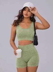 Easithlete 纯色罗纹针织运动套装 女士健身套装 - 綠色 - 查看 4