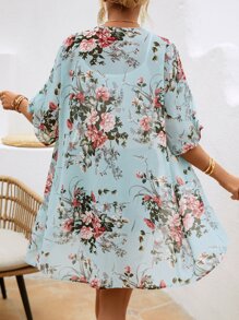 SHEIN VCAY Floral Print Batwing Sleeve Open Front Kimono - Multicolor - View 2