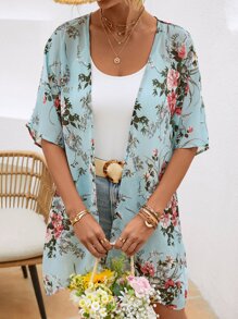 SHEIN VCAY Floral Print Batwing Sleeve Open Front Kimono - Multicolor - View 3