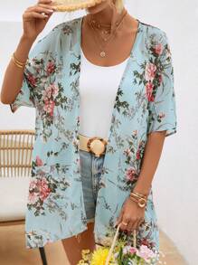 SHEIN VCAY Floral Print Batwing Sleeve Open Front Kimono - Multicolor - View 4