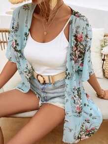 SHEIN VCAY Floral Print Batwing Sleeve Open Front Kimono - Multicolor - View 6