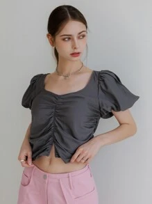 SHEIN 素色雞心領口前收褶泡泡袖襯衫 - 深灰色 - 查看 2