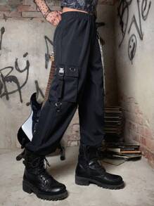 ROMWE Grunge Punk Solid Chain Decor Cargo Pants, School - Black - View 3