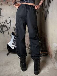 ROMWE Grunge Punk Solid Chain Decor Cargo Pants, School - Black - View 4