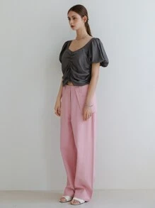 SHEIN 素色雞心領口前收褶泡泡袖襯衫 - 深灰色 - 查看 5