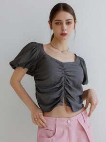 SHEIN 素色雞心領口前收褶泡泡袖襯衫 - 深灰色 - 查看 16