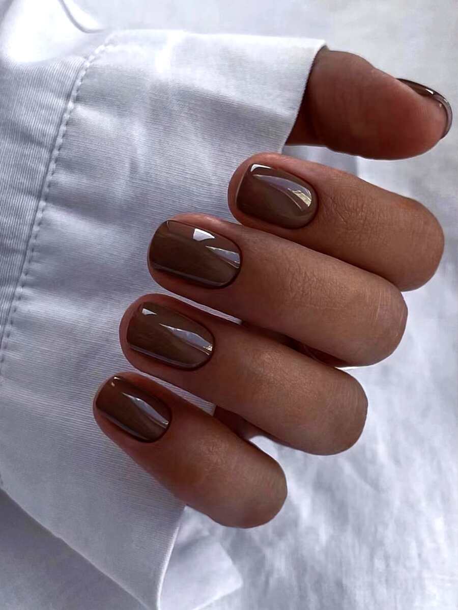 Get Glamorous with 24pcs Short Square Solid Fake Nail & 1pc Nail File & 1sheet Nail Tape - Coffee Brown - View 1