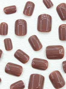 Get Glamorous with 24pcs Short Square Solid Fake Nail & 1pc Nail File & 1sheet Nail Tape - Coffee Brown - View 3