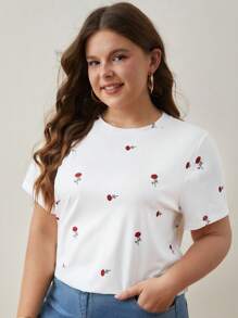 SHEIN Frenchy Áo thun Plus size Thêu Hoa Giải trí - trắng - Xem 4