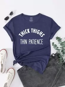 SHEIN LUNE Áo thun nữ Slogan Giải trí - Màu xanh hải quân - Xem 1