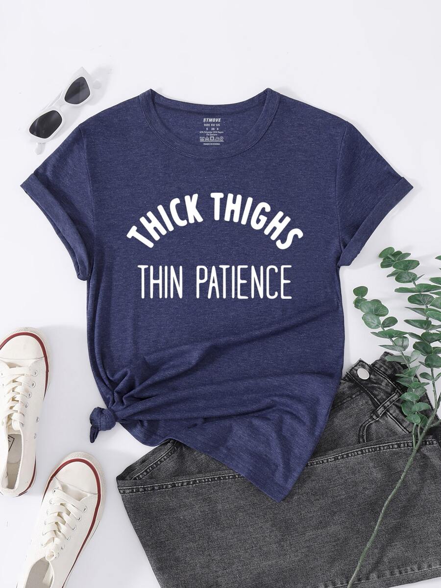 SHEIN LUNE Áo thun nữ Slogan Giải trí - Màu xanh hải quân - Xem 1