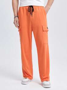 Manfinity 男士標語補丁貼側翻蓋口袋工裝衛褲 - 珊瑚橙 - 查看 2