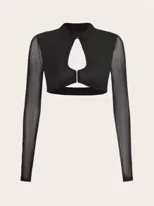 SHEIN ICON Áo nữ Lộ Lưng Tương phản Mesh Cắt ra màu trơn Gợi cảm - màu đen - Xem 1