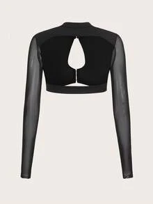 SHEIN ICON Áo nữ Lộ Lưng Tương phản Mesh Cắt ra màu trơn Gợi cảm - màu đen - Xem 2