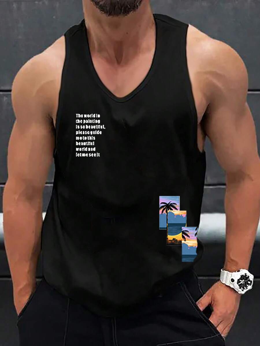 Manfinity RSRT 男士標語圖案背心上衣 - 黑色 - 查看 1