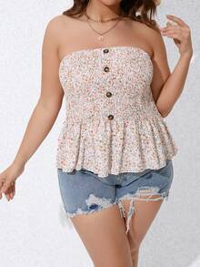 SHEIN Holidaya Plus Ditsy Floral Print Button Detail Peplum Tube Top - Multicolor - View 5