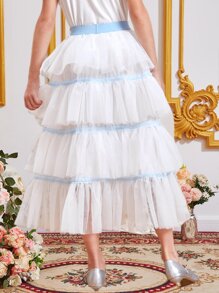 SHEIN Chicas Falda ribete con fruncido bajo a capas de malla - Blanco - Ver 3