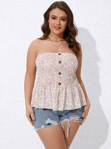 SHEIN Holidaya Plus Ditsy Floral Print Button Detail Peplum Tube Top - Multicolor - View 3