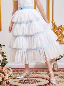 SHEIN Chicas Falda ribete con fruncido bajo a capas de malla - Blanco - Ver 4