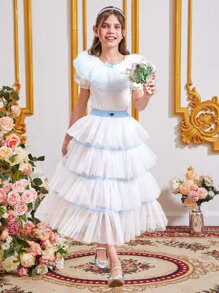 SHEIN Chicas Falda ribete con fruncido bajo a capas de malla - Blanco - Ver 2