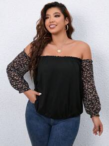 SHEIN LUNE Plus Ditsy Floral Print Off Shoulder Flounce Sleeve Top - Multicolor - View 5
