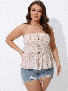 SHEIN Holidaya Plus Ditsy Floral Print Button Detail Peplum Tube Top - Multicolor - View 4