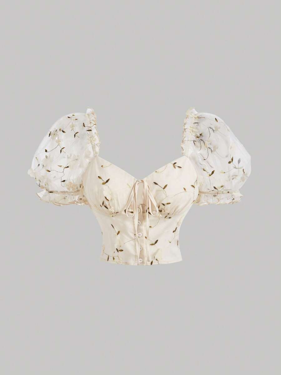 SHEIN MOD Áo sơ mi nữ Thêu viền lá sen cắt Thắt nơ trước Hoa Boho - Màu be - Xem 1