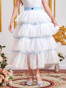 SHEIN Chicas Falda ribete con fruncido bajo a capas de malla - Blanco - Ver 5